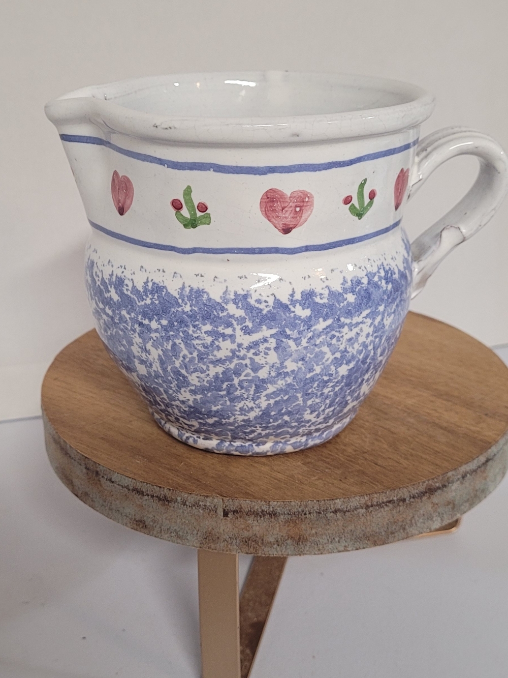 Vintage Pottery Speckled Blue Ceramic Pitcher with Pink Hearts and Green Accents